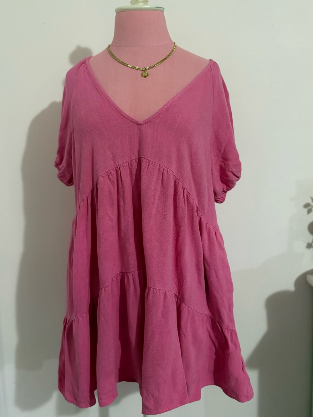 Mustard Seed Pink Tiered V-Neck Babydoll Dress